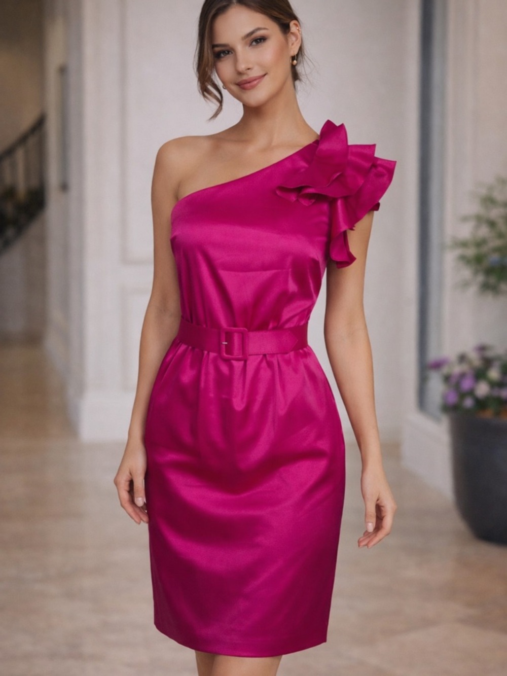 Cache One-Shoulder Fuchsia Satin Dress with Floral Shoulder Detail
